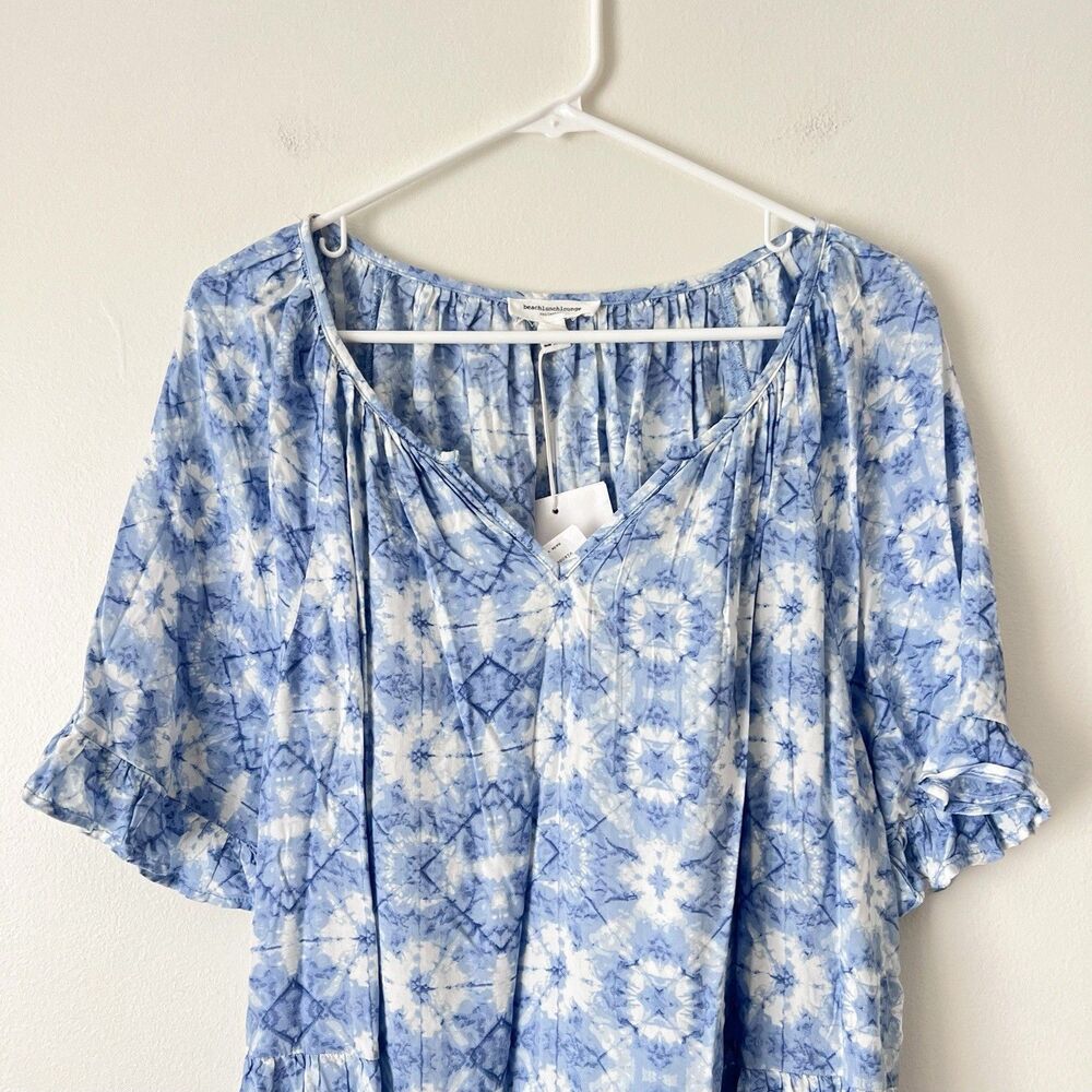 Beach Lunch Lounge Blue Tie Dye Boho Peasant Blouse XL Flowy Babydoll Top NWT - Picture 3 of 9